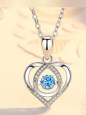 Blue Crystal Heart Rhinestone Pendant Necklace - 925 Sterling Silver